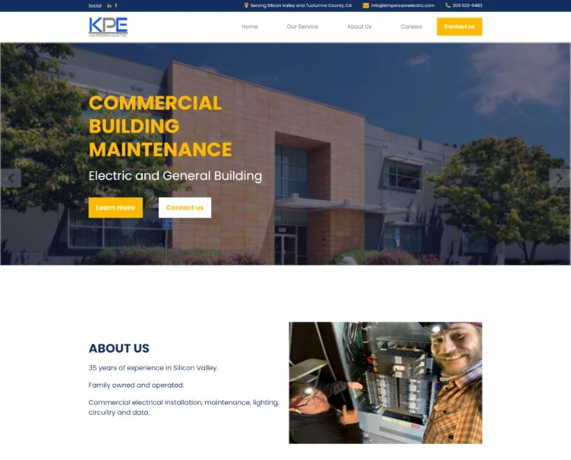 Kimpersson Electric homepage, showing a commercial building hero image and services