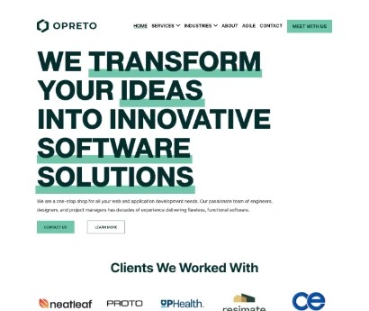 OPRETO marketing homepage hero section reading 'We transform your ideas into innovative software solutions', with a client logo row beneath it